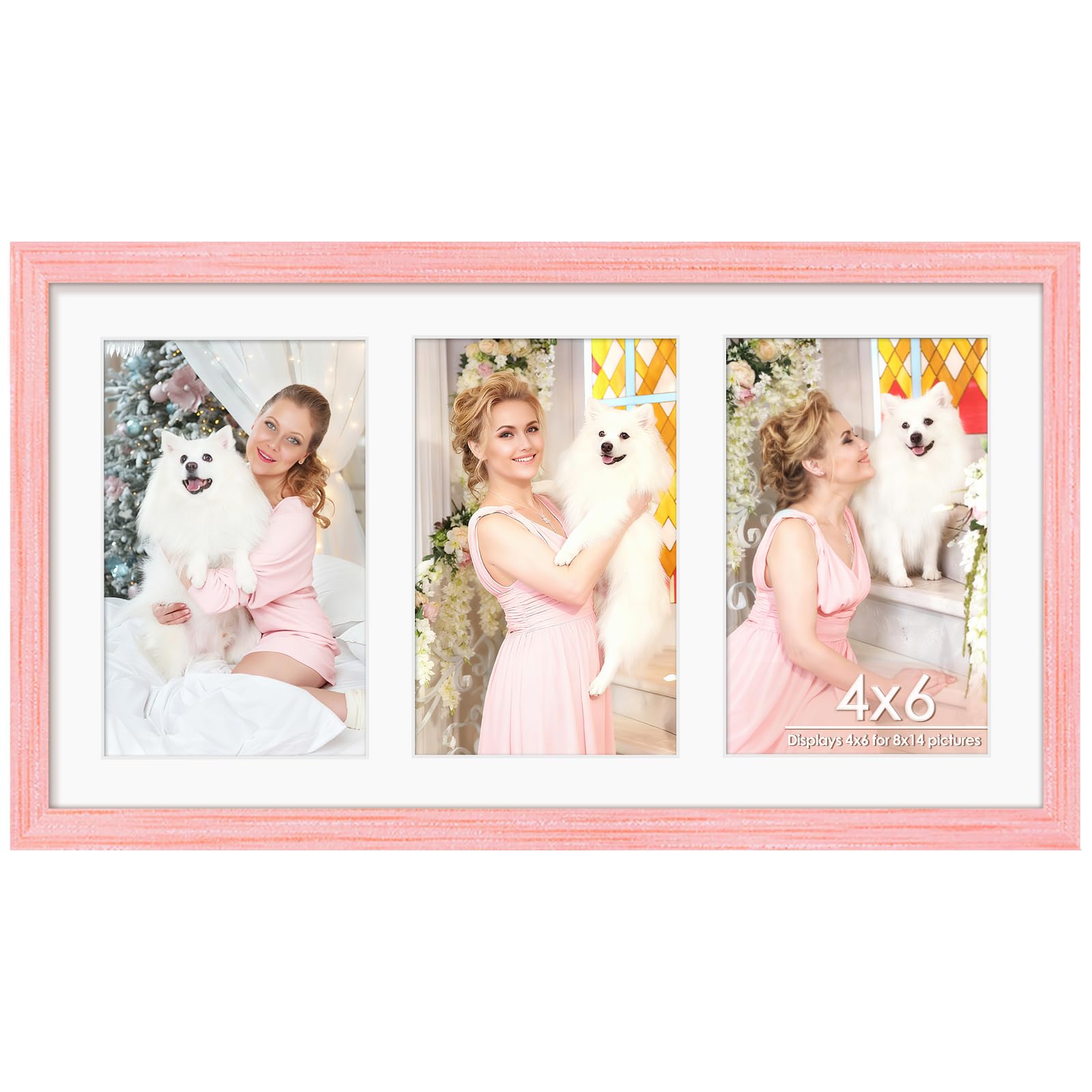 DUENPY 8x14 Collage Picture Frame 4x6 Collage Picture Frame Displays Three 4x6 inch Photos or 8x14 (Without Mat) for Available Horizontal Wall Mounting Display and Vertical Pink