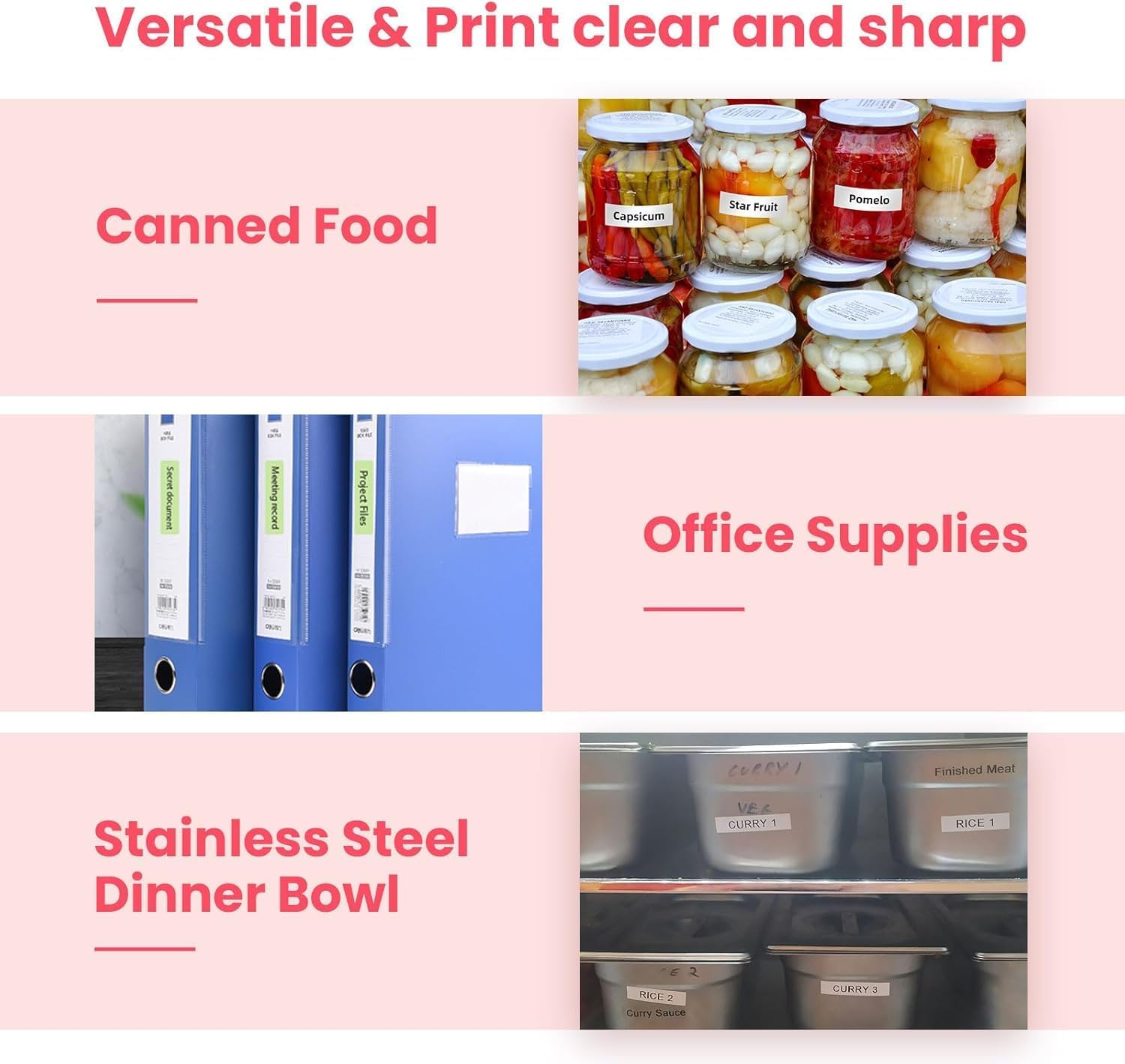 Examples of labels printed with the vretti HP4 printer on canned food, office supplies, and stainless steel dinner bowls.