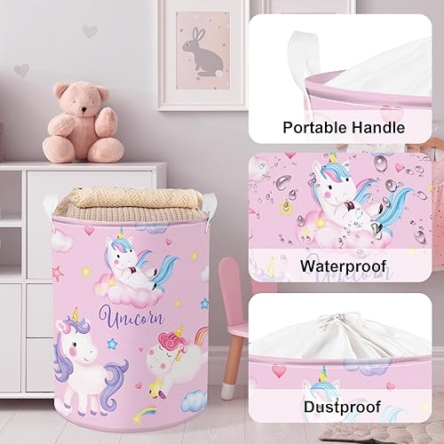 Miniatura 4 de Clastyle Cesta de lavandería de unicornio rosa de dibujos animados de 45 litros, cesta de lavandería de arcoíris de ensueño para habitación de