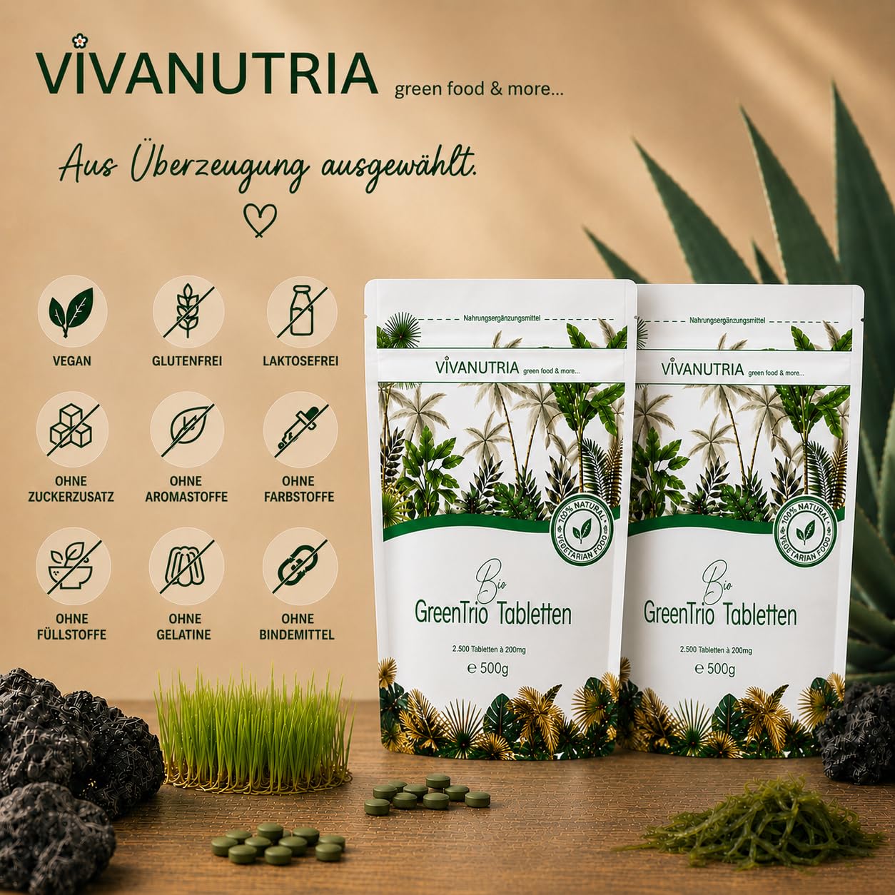 VivaNutria Bio Green Trio Presslinge 1000g | aus kontrolliert biologischem Anbau I 5000 Tabletten aus Spirulina Chlorella & Gerstengras I ohne Zusätze I Rohkostqualität I vegan