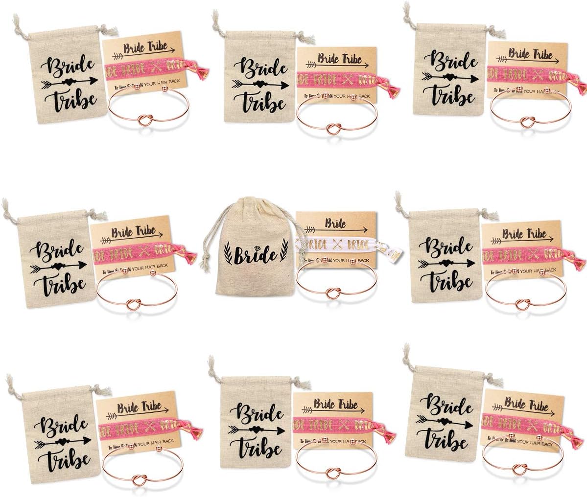 Bridemaid Love Knot Bracelets set 9 7 6 Set Bride Tribe Hair Tie and Bracelets Bridal Shower Cuff for Girls Women