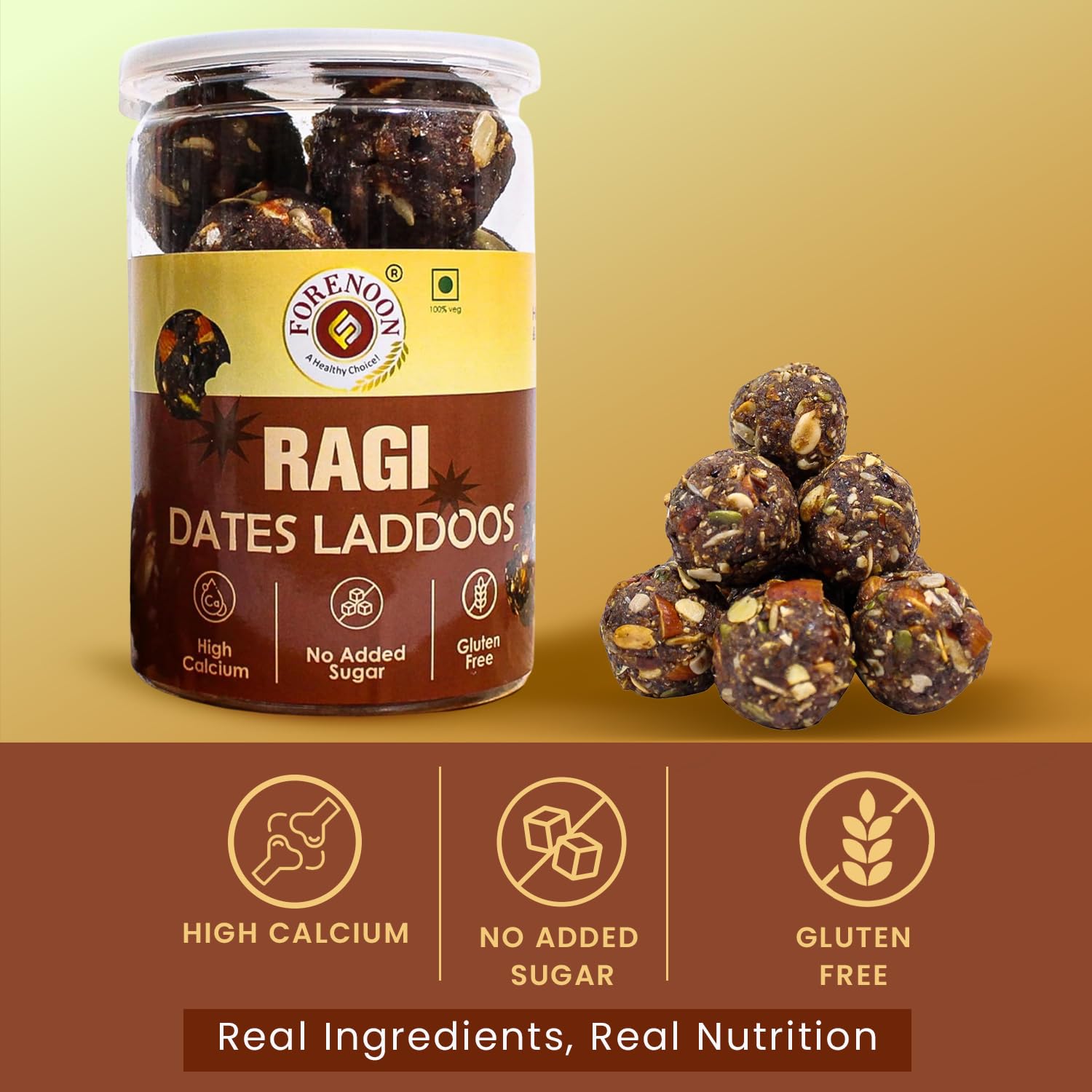 Fore Noon Ragi Dates Laddoo | No Added Sugar & Gluten-Free | High Calcium Indian Finger Millet Laddu (Mandua, Nachani, Nagli, Ragulu, Kelvaragu) | 100% Natural, No Flavours & Preservatives | Gond & Cow Ghee Snack for Kids, Pregnancy & Immunity Support | 225g Pack ( 9 x 25g ) 3
