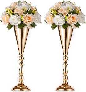 NUPTIO Trumpet Vase Wedding Centerpiece, 16.5" Tall, Metal, Gold, 2 Pcs | Flower Arrangement Table Centerpiece, for Anniversary, Ceremony, Party, Birthday, Event