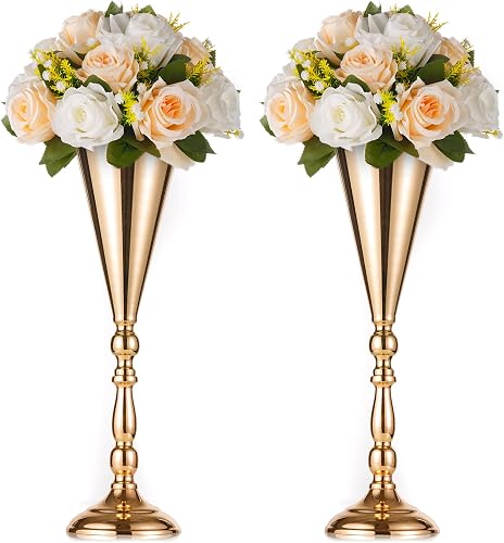 NUPTIO Trumpet Vase Wedding Centerpiece, 16.5" Tall, Metal, Gold, 2 Pcs | Flower Arrangement Table Centerpiece, for Anniversary, Ceremony, Party, Birthday, Event