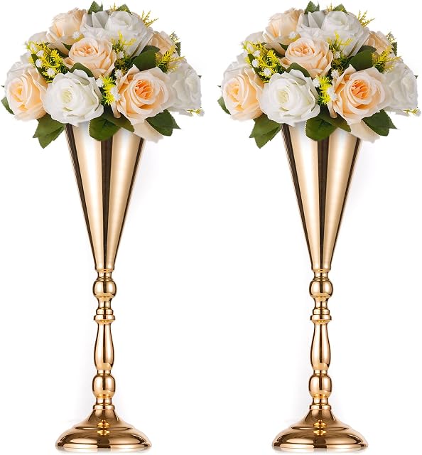 NUPTIO Trumpet Vase pièce de centre de mariage, 16.5" Tall, Metal, Gold, 2 Pcs Arrangement de fleurs pièce de la table, pour anniversaire, cérémonie, fête, anniversaire, événement