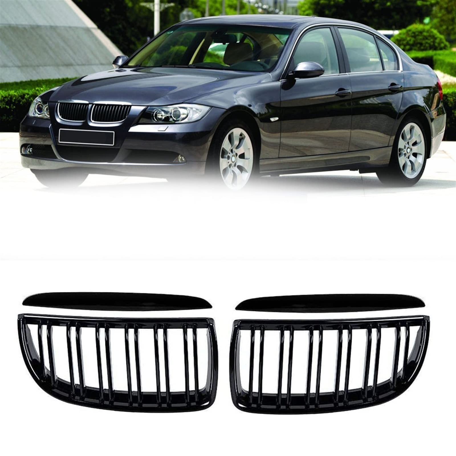 Parrilla frontal en negro brillo y M Color para BMW Serie 3 E90 E91 con diseño Double Line 7