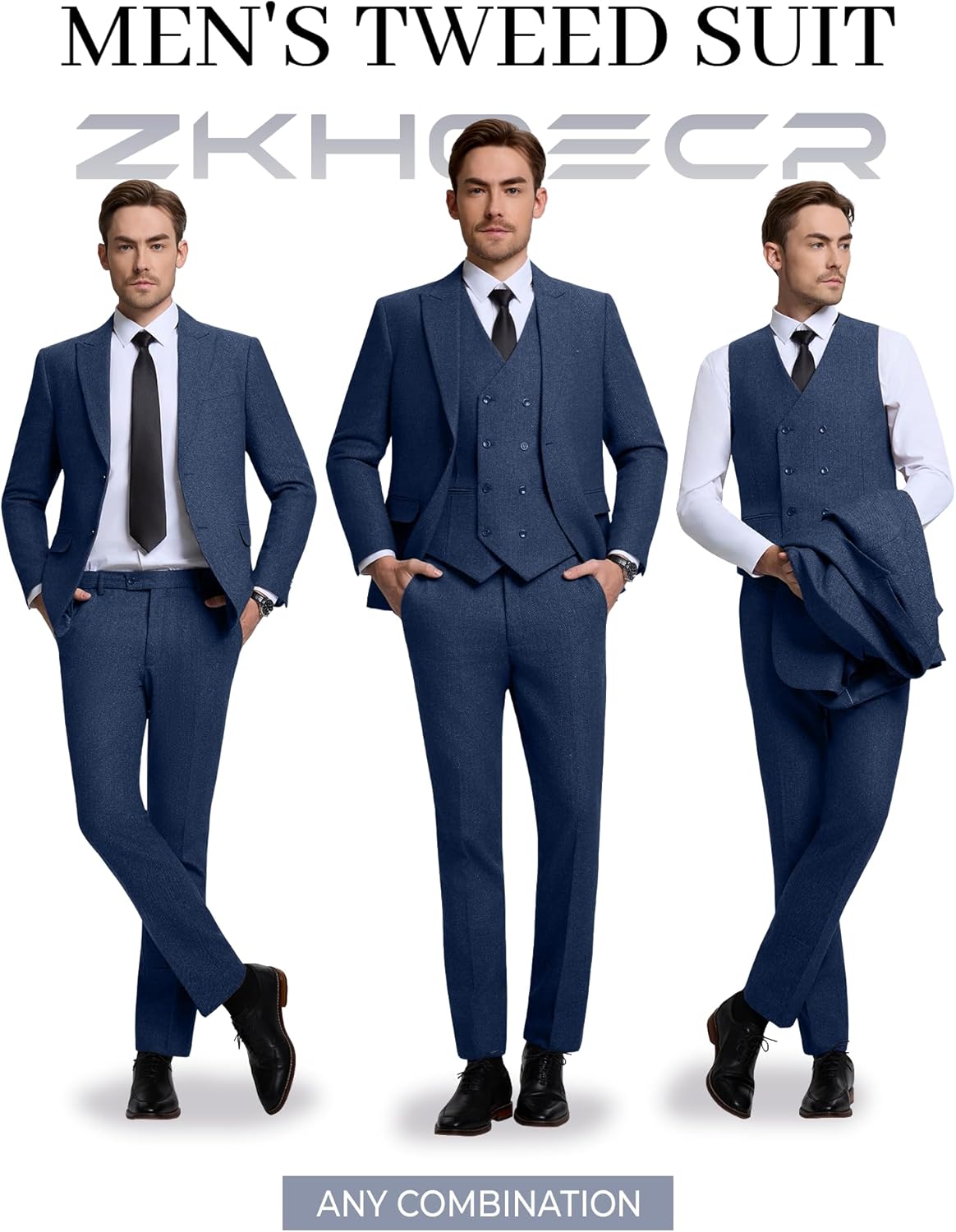 Men's Suits Herringbone Tweed Suits for Men Retro 3 Piece Peak Lapel Blazer Wedding Prom Suit Jacket Vest Pants Set - Image 3