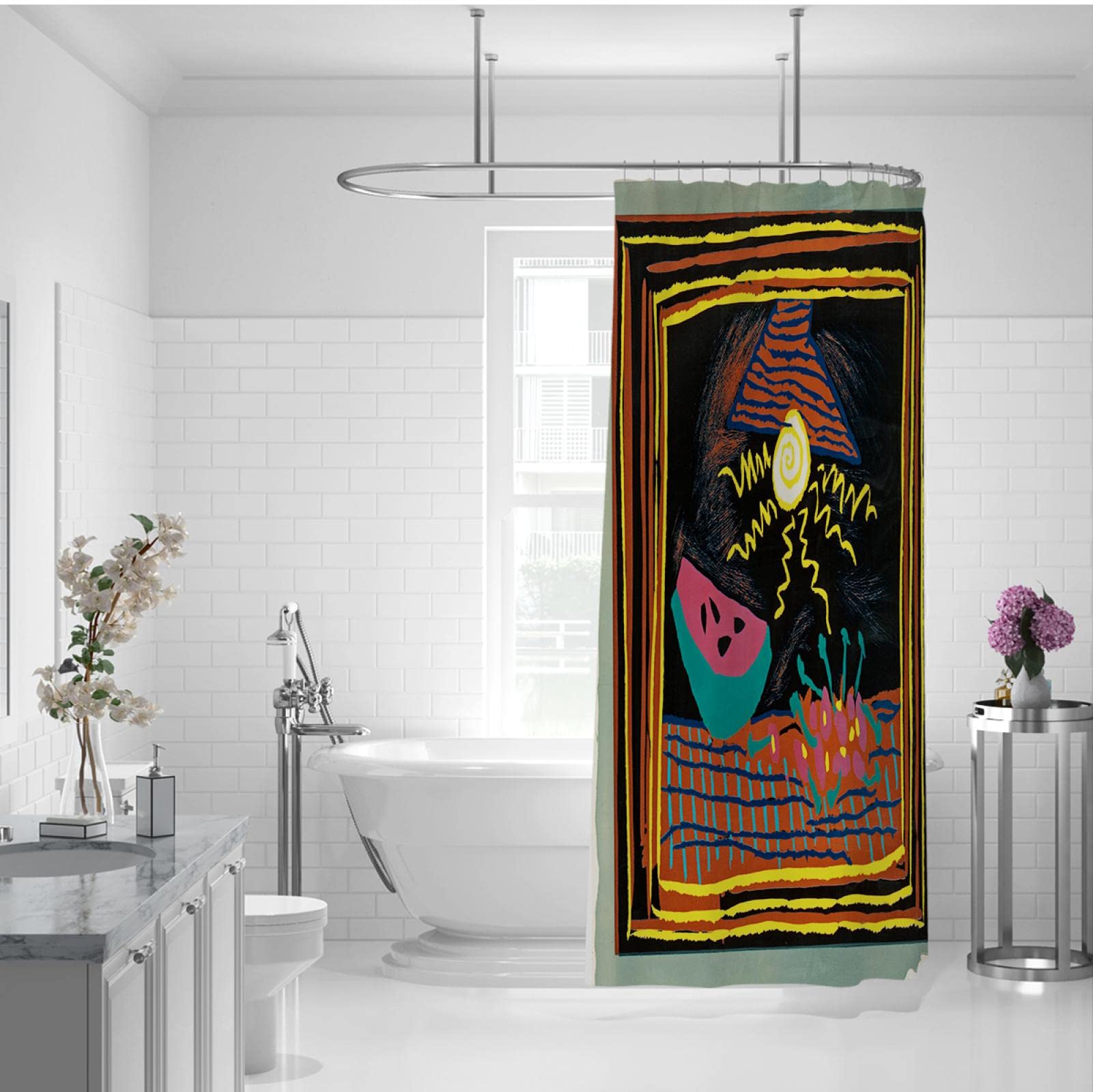Berühmte Malerei Duschvorhang Print Classic Retro Pablo_Picasso abstrakte Malerei Trockene und nasse Trennung Trennvorhang mit Haken B180xL200cm Duschvorhang