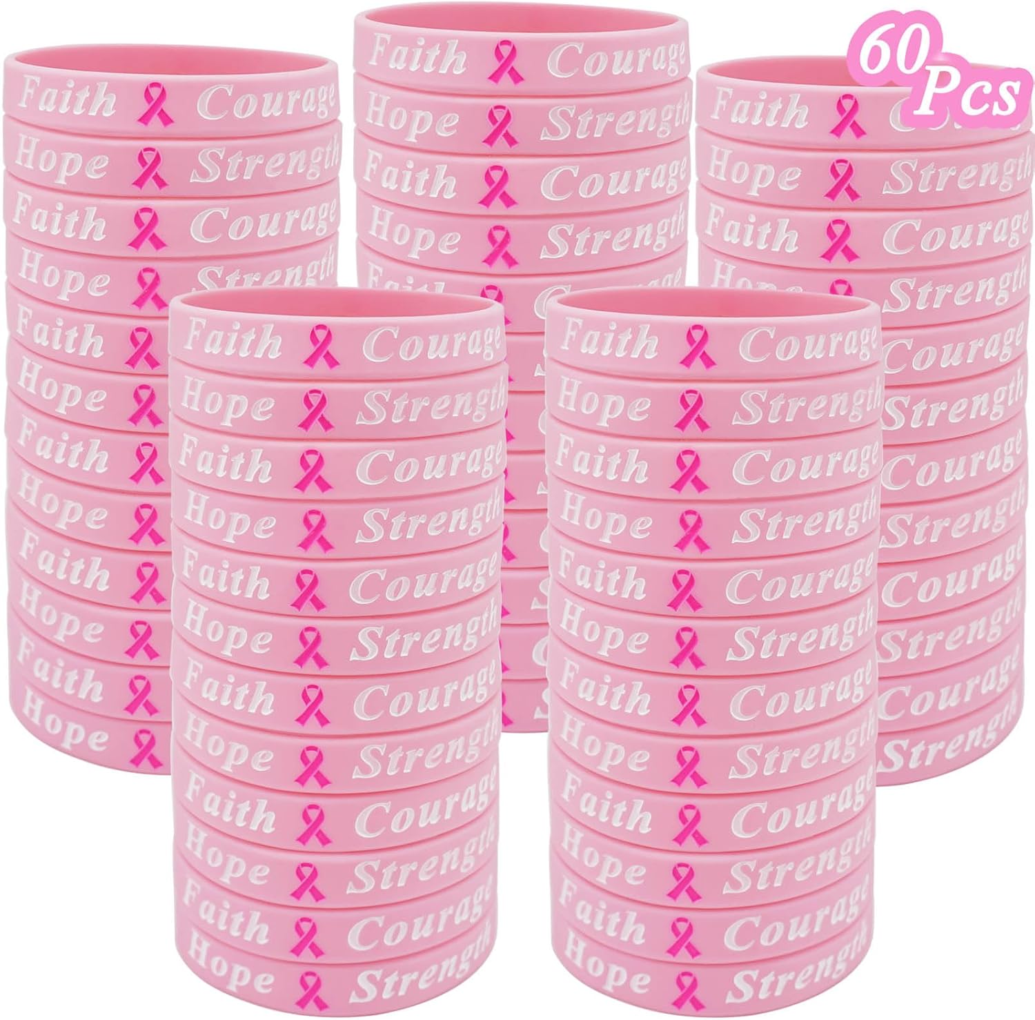 100 Pcs Breast Cancer Awareness Bracelets Bulk Items Silicone Bracelets Hope Faith Strength Courage Wristbands Women Pink Ribbon Breast Cancer Awareness Month Party Favors Fundraiser Survivors Gifts