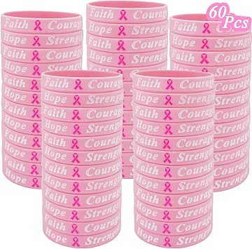 60 Pcs Breast Cancer Awareness Bracelets Bulk Items Silicone Bracelets Hope Faith Strength Courage Wristbands Women Pink Ribbon Breast Cancer Awareness Month Party Favors Fundraiser Survivors Gifts