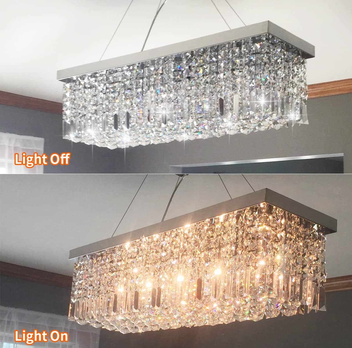 Hot Deals Rectangle Crystal Chandeliers Dining Room Modern Ceiling Light Fixtures Hanging Chandelier Pendant Light Living Room Beautiful Fixture Polished Chrome Finish L31.5'' x W9.8'' x H8.9'' of CRYSTOP
