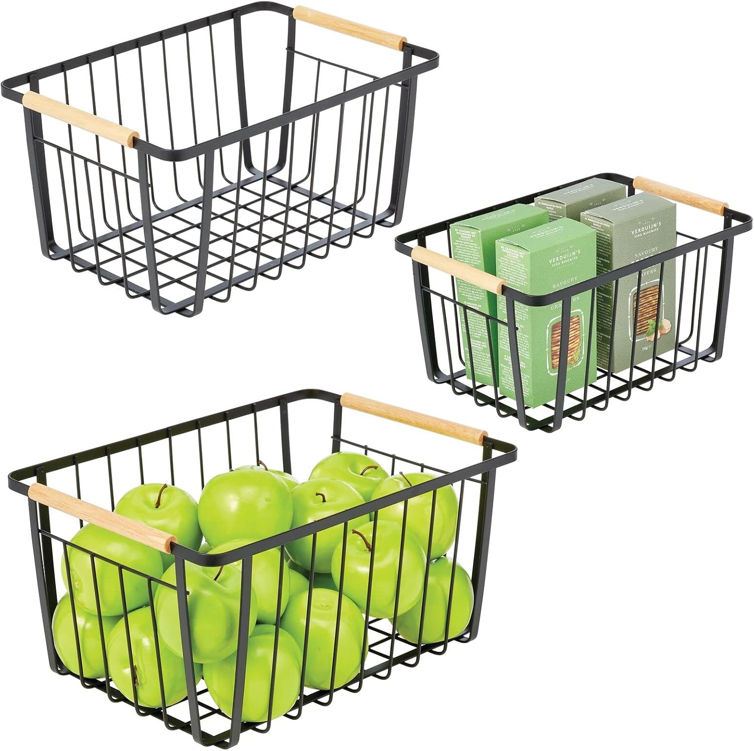 mDesign Metal Farmhouse Wire Organizer Storage Bin Basket with Handle - Rustic Container Organizers for Cabinet, Shelves, Counter, Bathroom, or Kitchen Pantry - Set of 3 - Matte Black