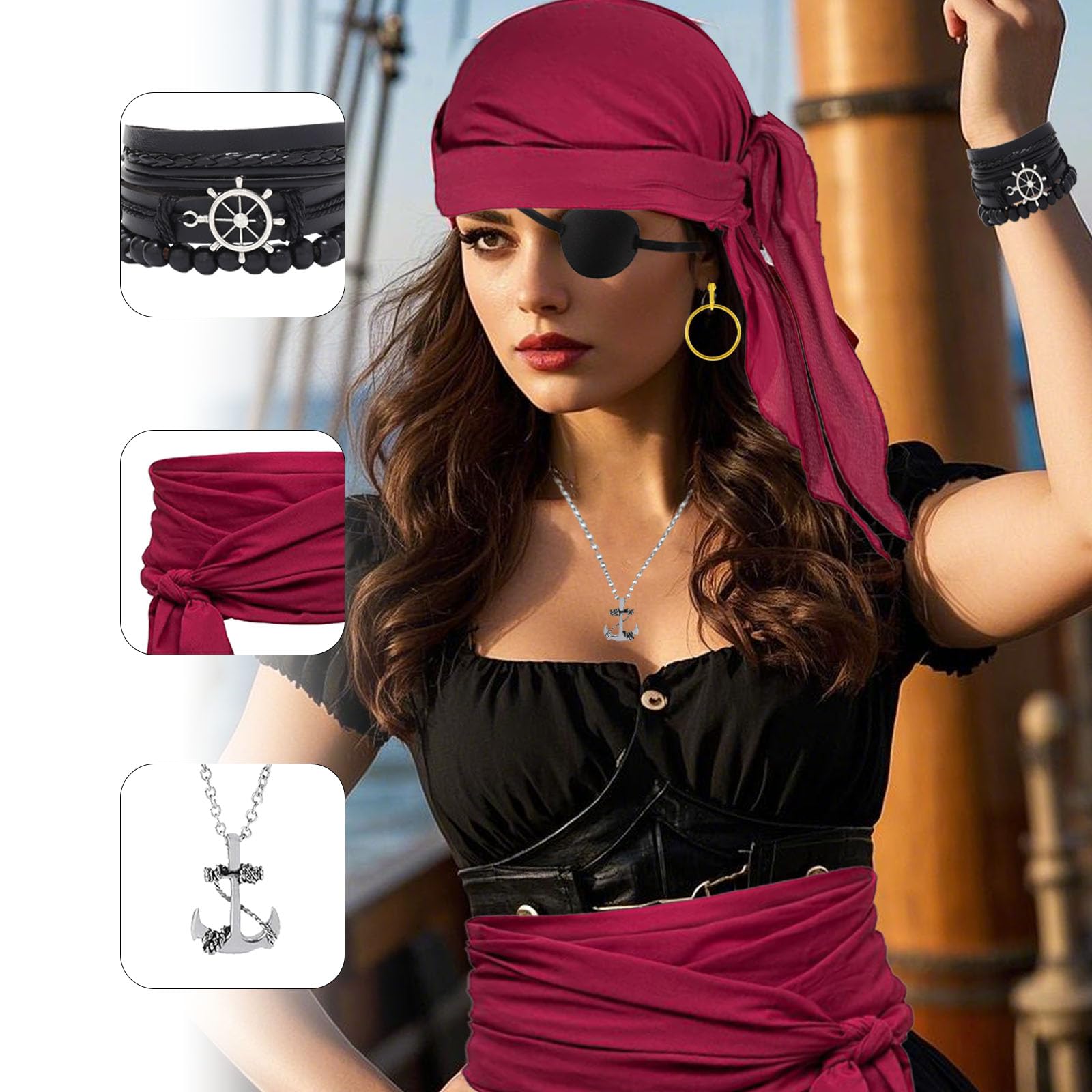Lufdegim Medieval Pirate Costume Accessory Set Women Men Pirate Accessories Women's Headband Waist Belt Eye Patch Costume Pirate for Halloween Carnival Cosplay Party Accessories - Image 3