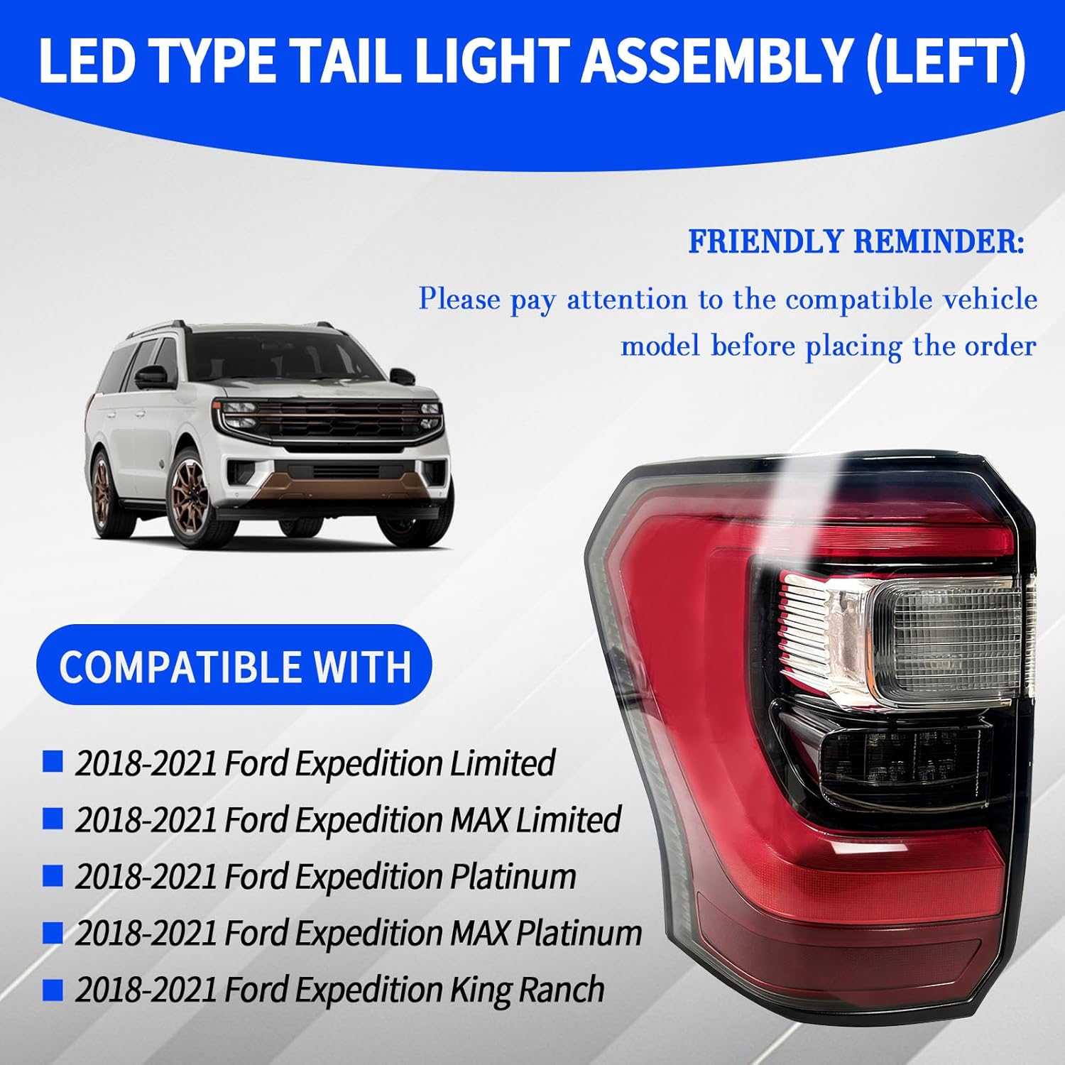 LED Tail Light Assembly Compatible with Ford Expedition 2018 2019 2020 2021 Left Driver Side Rear Tail Light Replaces JL1Z-13405-H