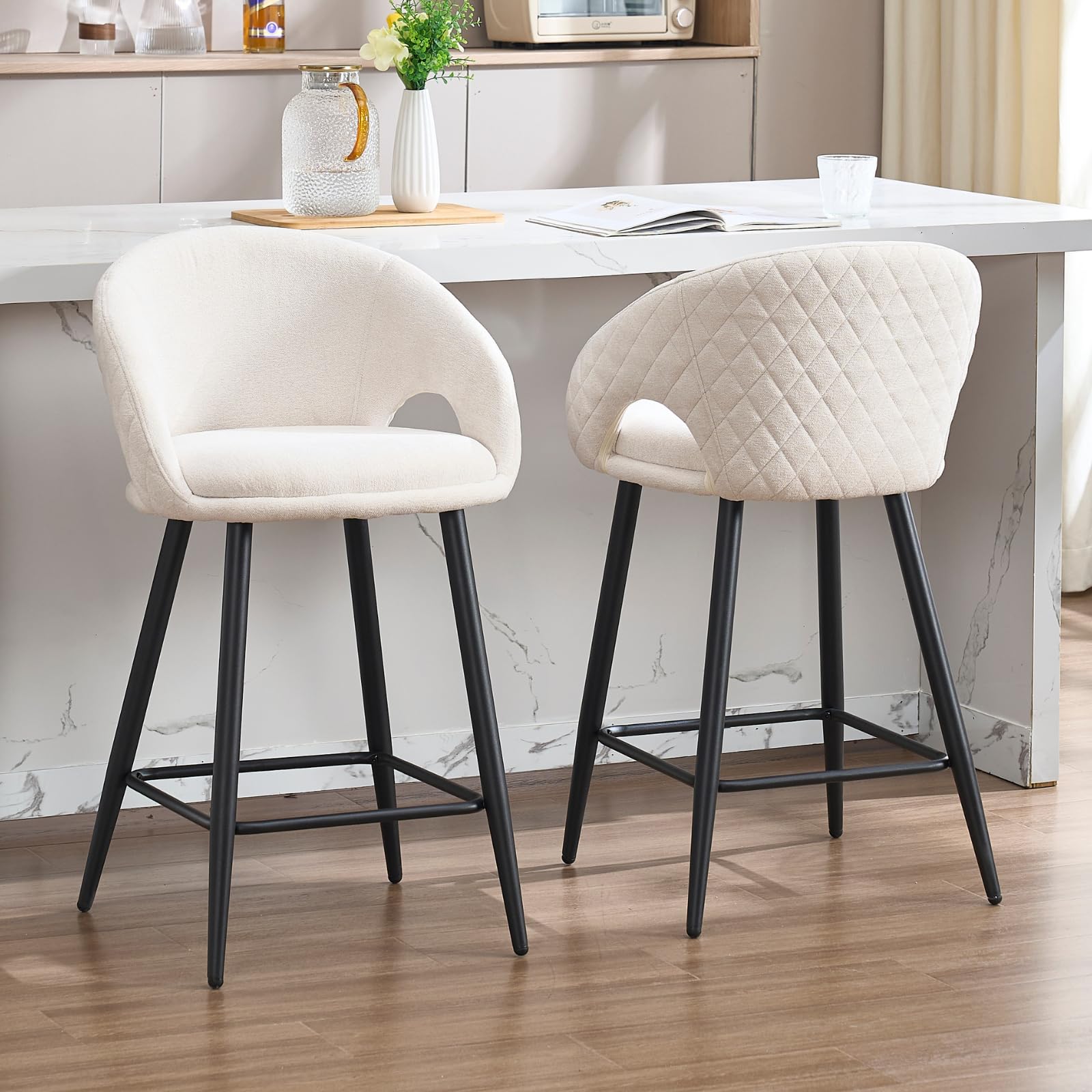 Juego de 2 Taburete de Cocina de Chenilla con Patas de Metal, Taburete Alto con Respaldo y Cojin Comodo, Taburete de Bar para Salon/Restaurante，Beige