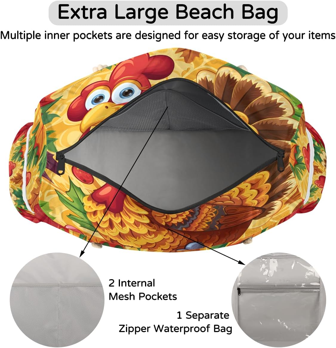 Turkey Fruit Maple Beach Bags Waterproof Sandproof for Women, Large with Zipper Pool Beach Tote Reusable Grocery Shoulder Bag for Swim Travel Shopping Vacation Picnic