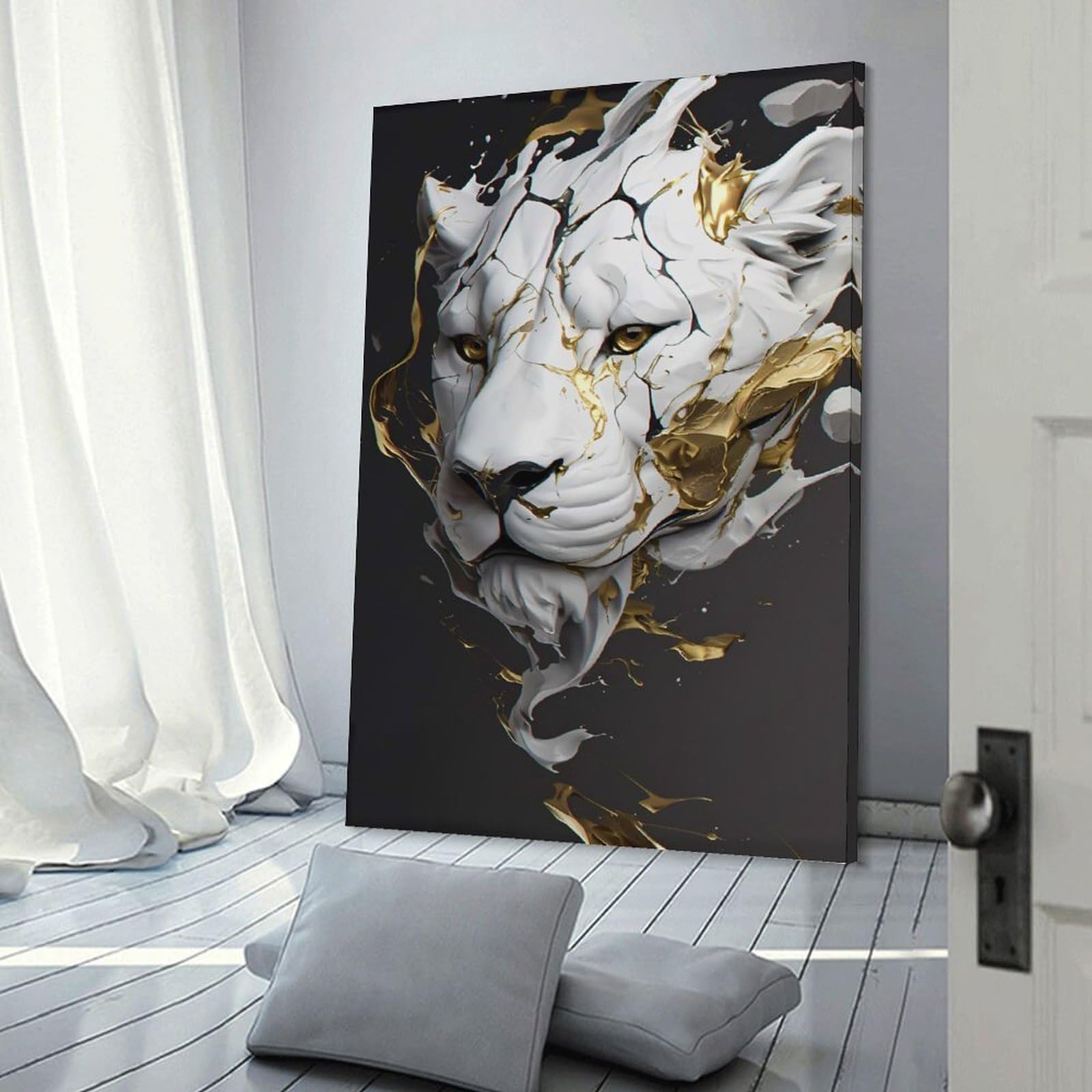 Junmoney Abstract White Lion with Gold Splatter Wall Art Print 20x30inch(50x75cm), for Art Walls, Layered Displays Or Homes, Wall Decor Suited to Curated Displays