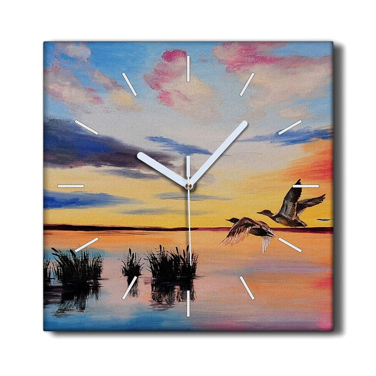 Horloge sur Toile 30x30cm silencieuse au motif d'oiseaux et coucher du soleil pour salon