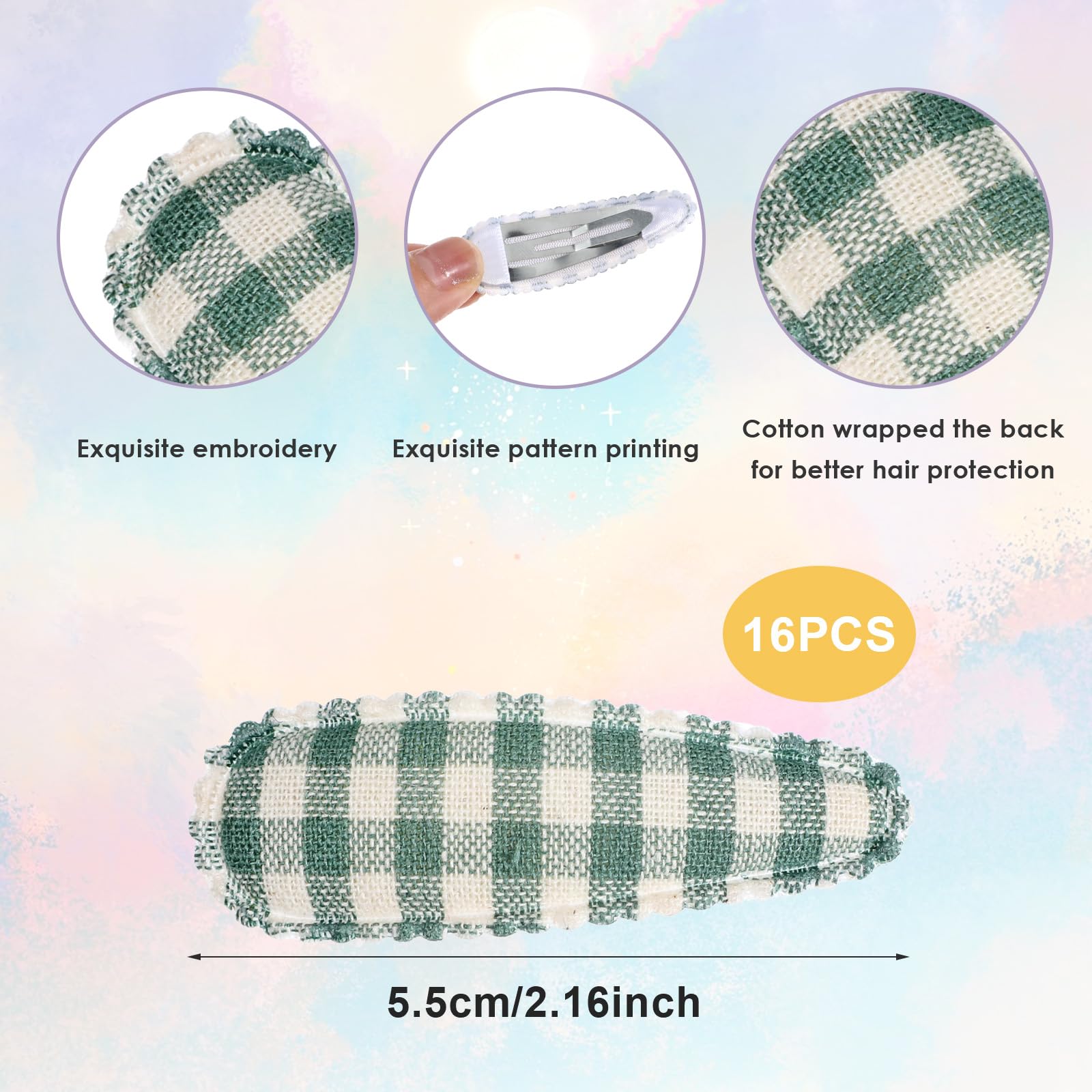 Qianyu 16PCS Girls Toddler Snap Hair Clips Floral Print Non Slip Plaid Cloth Wrapped Flower Bows Snap Hair Clips Baby Fabric Side Clips Hair Accessories for Fine Hair Infants Kids School Teens(Set 3) - Image 2