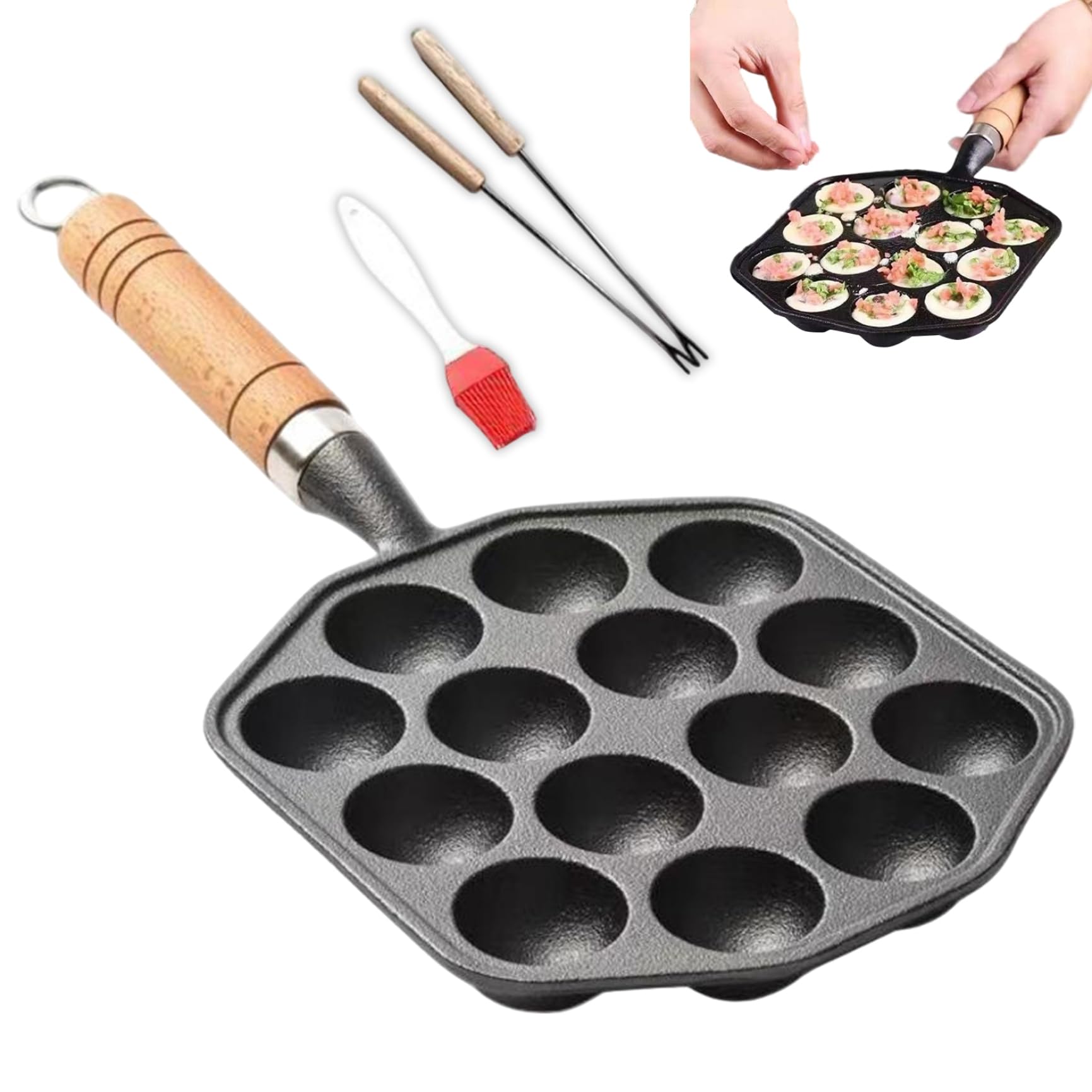 1 Set Takoyaki Pan mit hängendes Griff, 14 Löcher Non -Stick -Hersteller mit Gabel & Ölbürste, für Pofertjes Pfannkuchenbälle