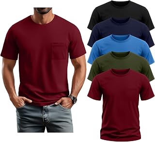 Neer 5 Pack Men's Big and Tall Pocket T-Shirt Crew Neck Short Sleeve Shirt Slim Fit Lightweight Top Casual Basic Tee