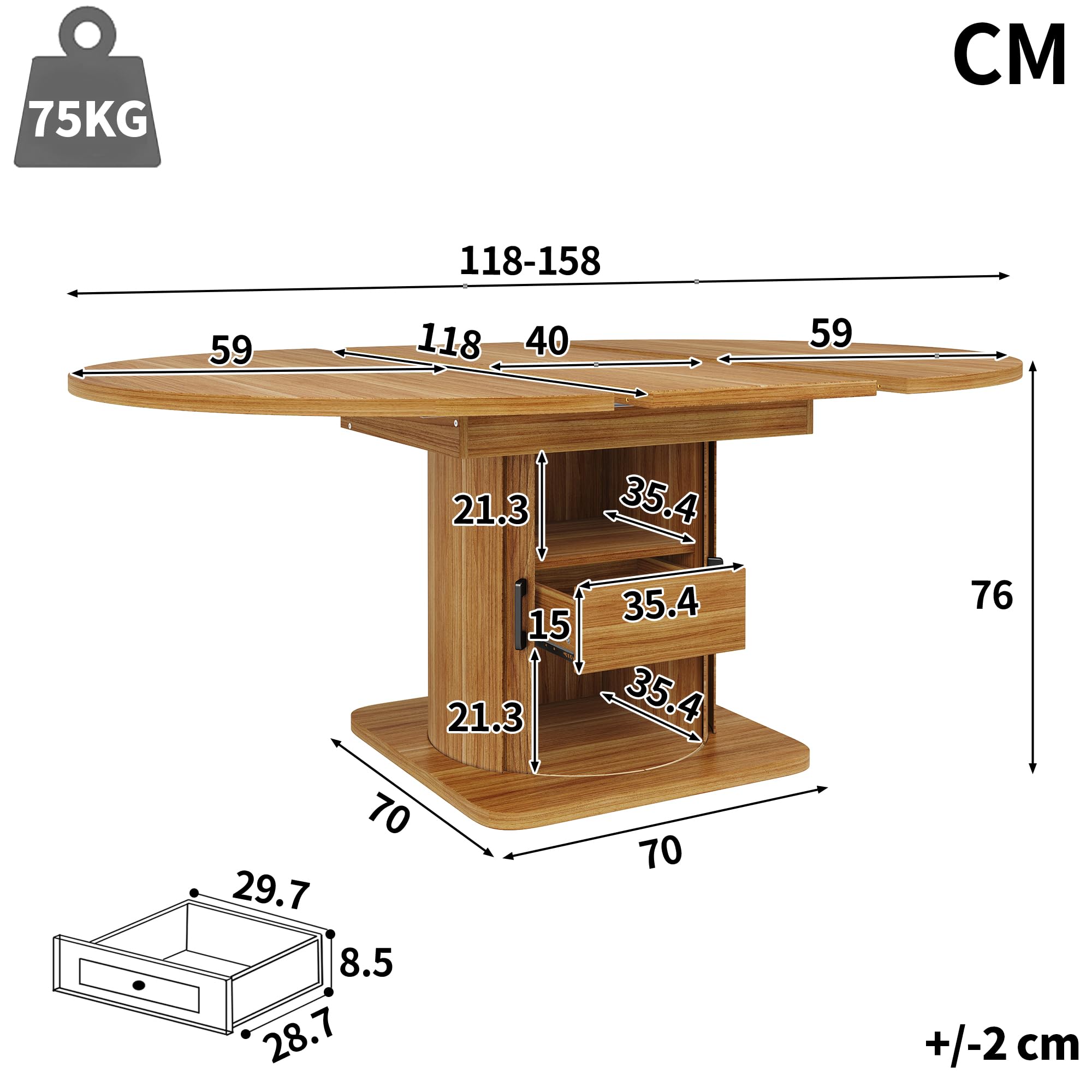 Tavolo da pranzo allungabile rotondo, ovale, 118-158 cm, fino a 6 persone, marrone scuro con
