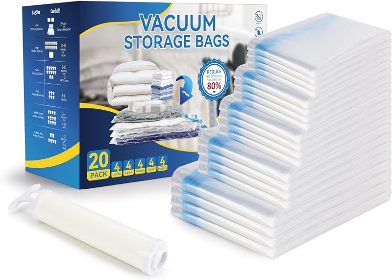 20 Pack Vacuum Storage Bags, Space Saver Bags with Hand Pump, Vacuum Seal Bags for Clothing, Comforters, Blankets, Bedding, Pillows (4 Jumbo/4 Large/4 Medium/4 Small/4 Roll M)