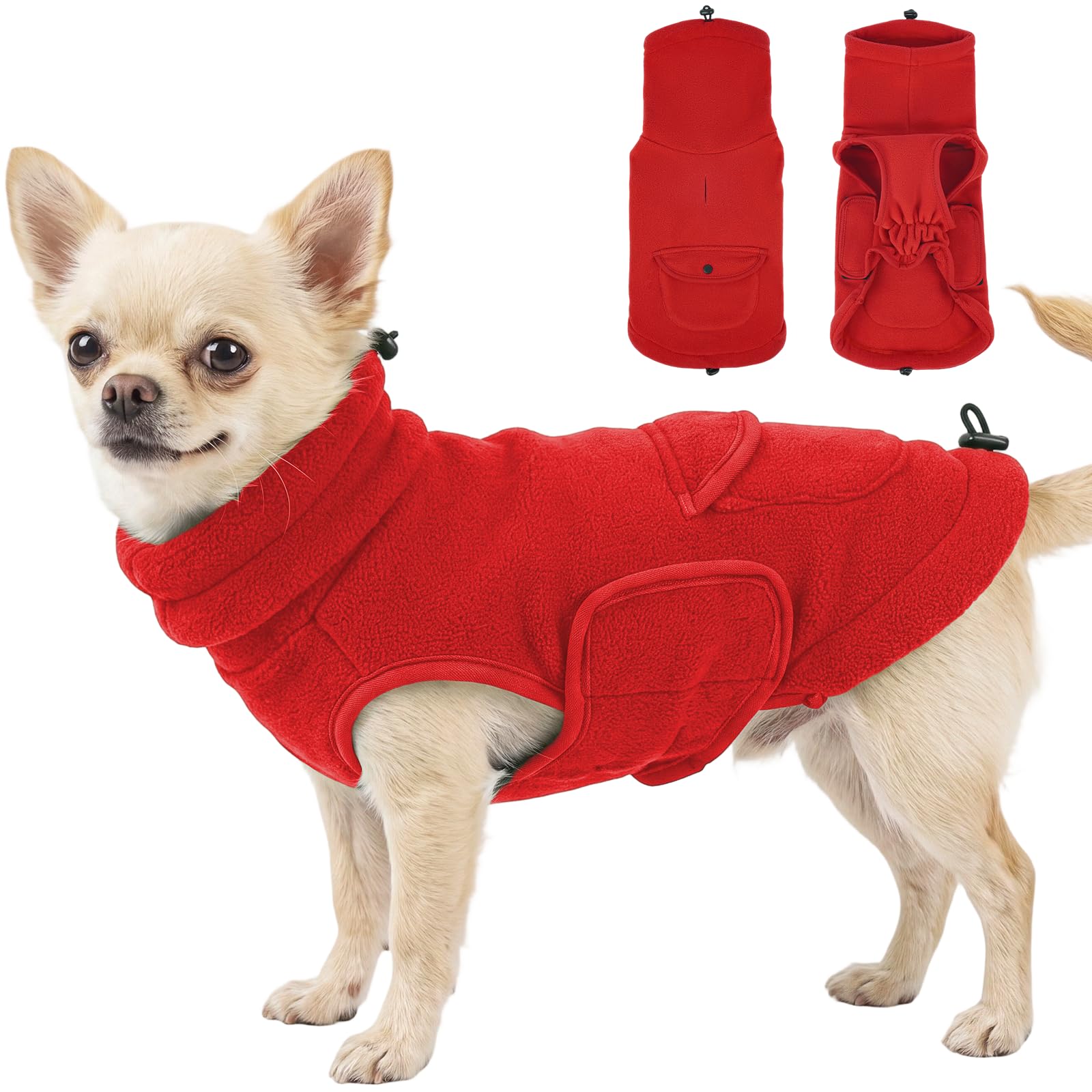 Kuoser Dog Coat Fleece, Warm Jacket High Collar for Puppy Winter, Red XS