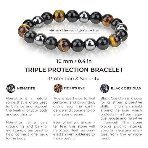 Miniatura 3 de MetaPhy Healing Crystals Triple Protection Bracelet made of Tiger's Eye, Hematite, Black Obsidian natural stones for Protection, Luck & Prosperity