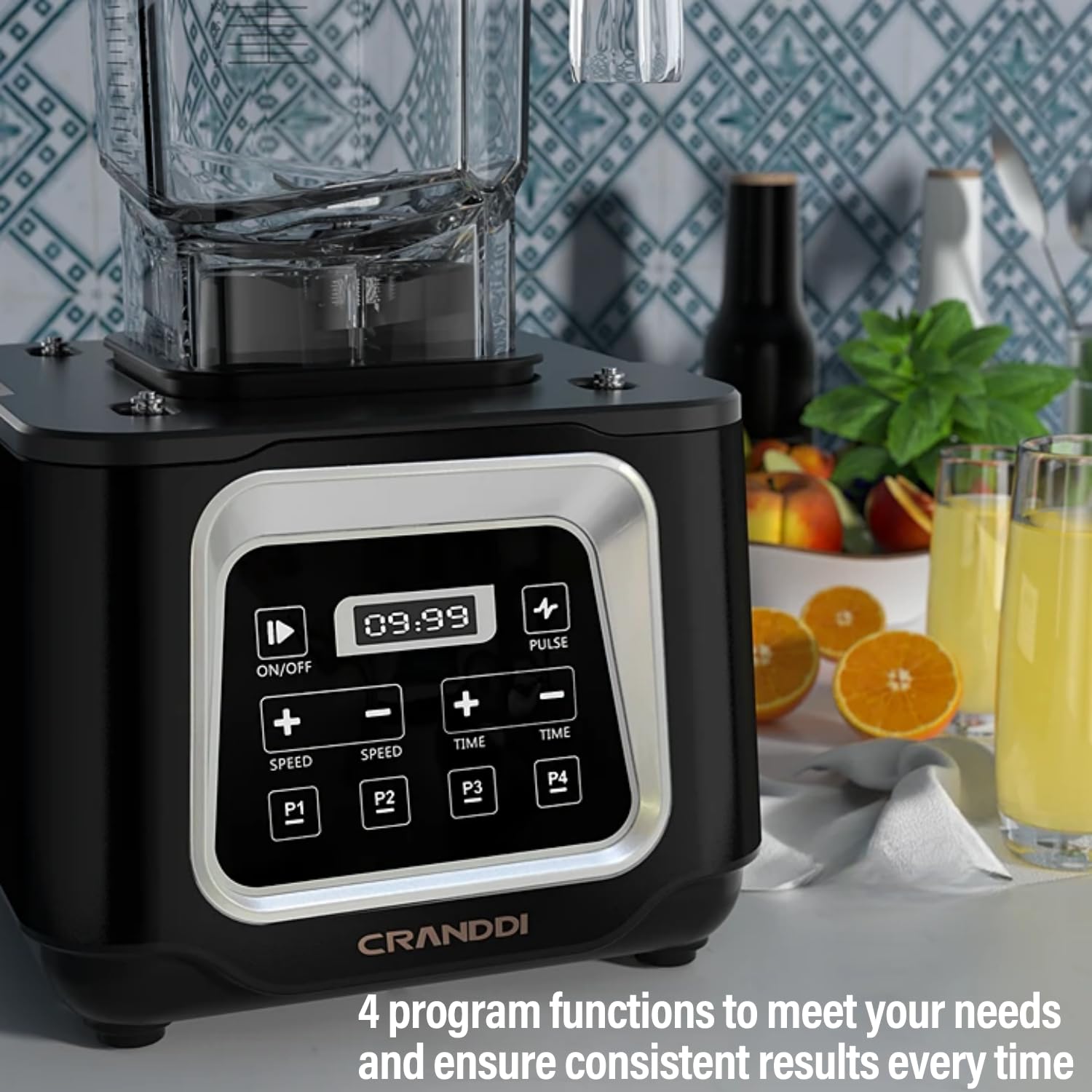 CRANDDI Commercial Smart Smoothie Blender - 2200W High-Power Professional Blenders for Smoothies & More, 4 Pre-Set Programs, Quiet Blender with Removable Shield, 52oz BPA-Free Jar, 120V, K80TS