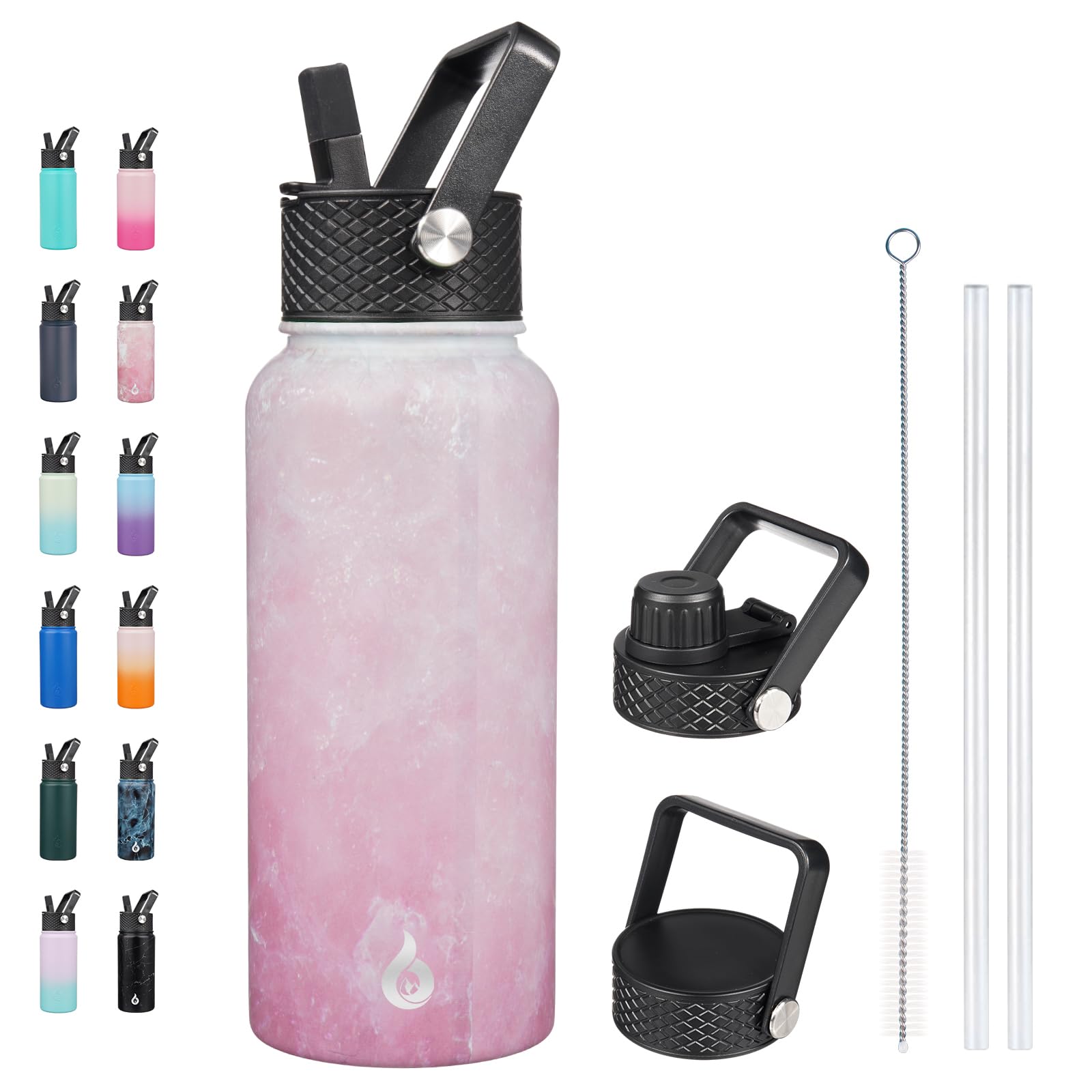 BJPKPK Insulated Water Bottles with Straw Lid, 32oz Metal Large Water Bottle with 3 Lids, Reusable Leak Proof BPA Free Thermo, Stainless Steel