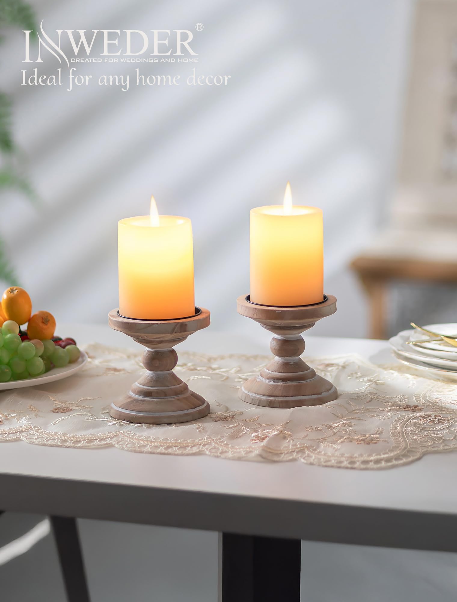 Portacandele in Legno: 2 Pezzi Porta Candele Rustici Bianchi Decorazione per La Casa Portacandele a Colonna per Centrotavola Candelabro Moderna per Camino Natale