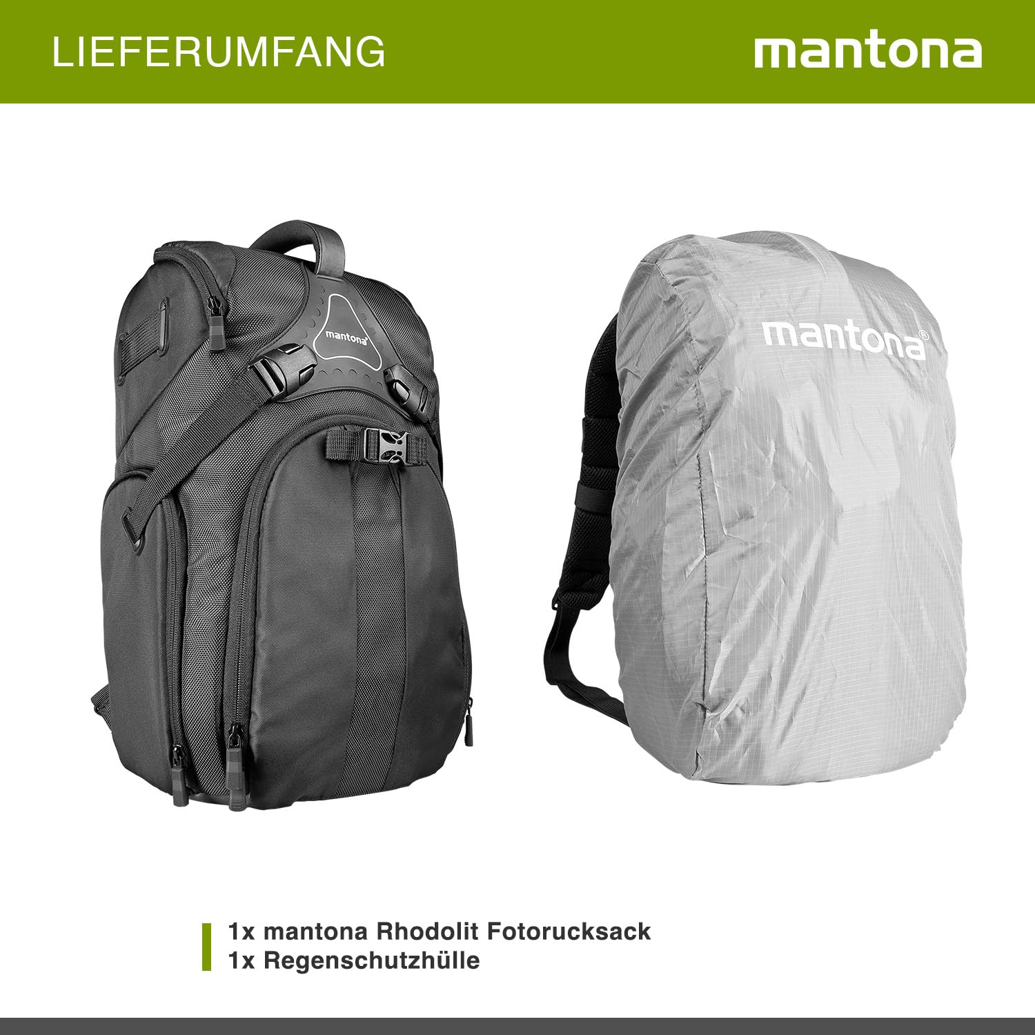 Mantona Rhodolit SLR-Kamerarucksack - Fototasche geeignet für SLR mit angesetztem Objektiv, weitere Objektive, Systemblitz und Zubehör, schwarze Kameratasche inkl. Regenschutz