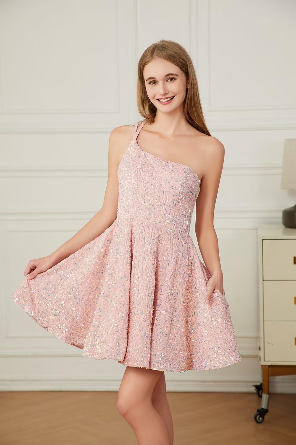 yinyyinhs One Shoulder Sequin Homecoming Dresses for Teens Short Prom Dress 2026 Sparkly A-Line Formal Cocktail Party Gown