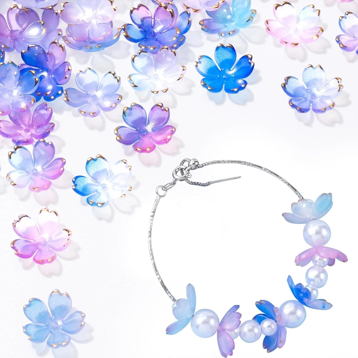 100pcs Acrylic Flower Beads, 20mm Cherry Blossom Plastic Gradient Flower Spacer Beads for DIY Crafts Bracelet Necklace Earrings Jewelry Making(Blue Purple)