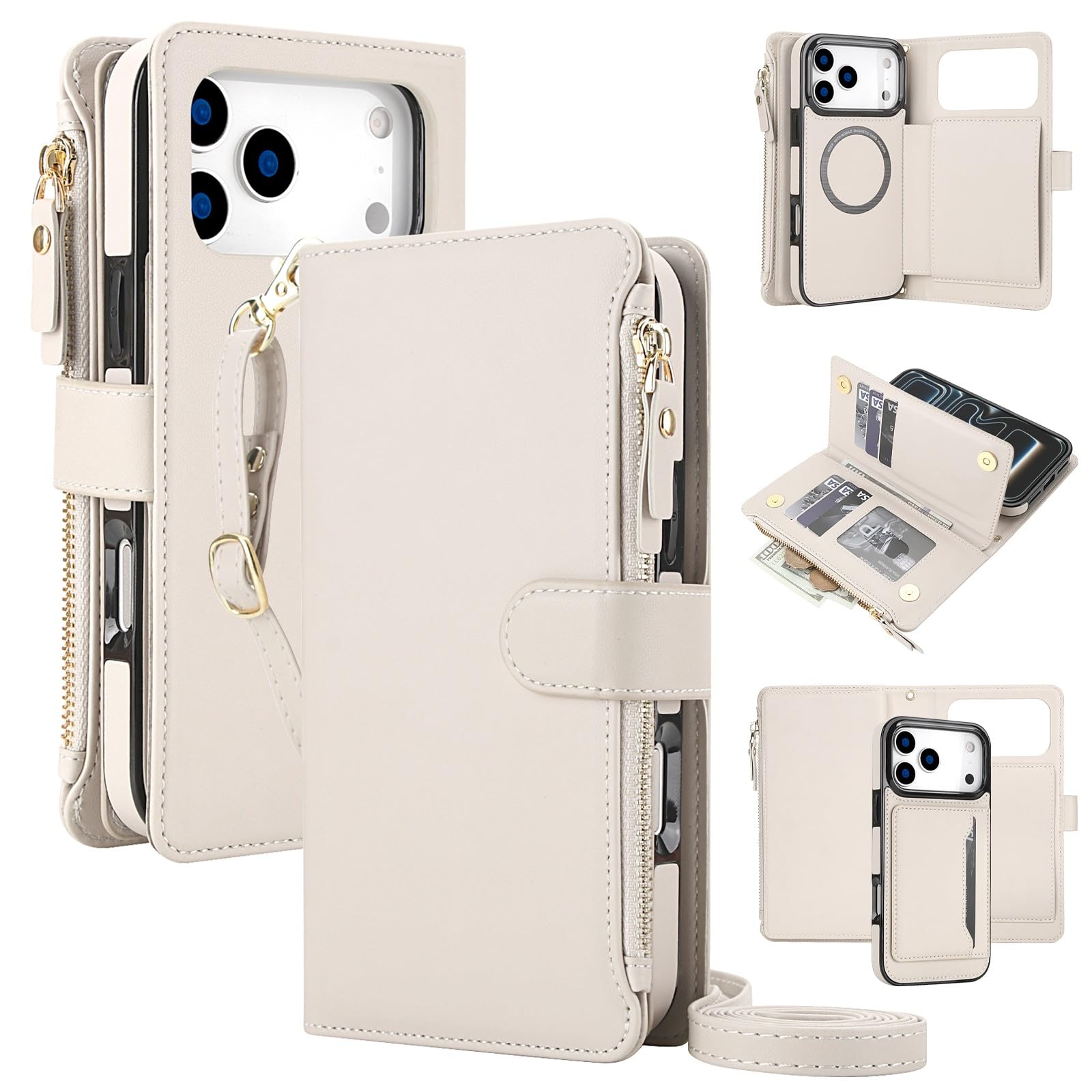 Generic Funda compatible con iPhone 15 Pro Max (color: albaricoque) funda de piel extraíble con correa para el hombro