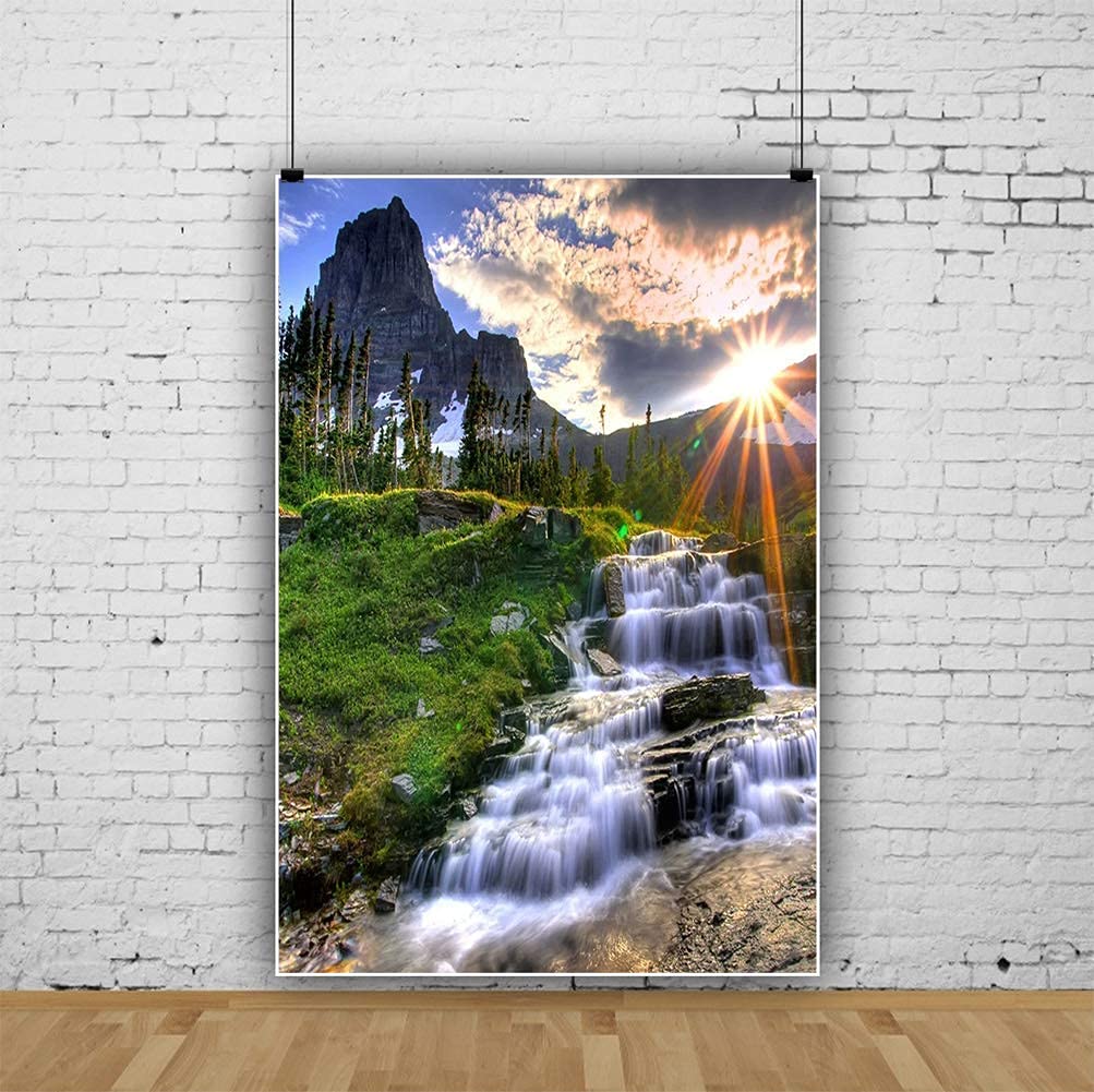 Amazon | Laeacco 5x7フィート 自然の風景背景 日光 山 滝 風景 写真