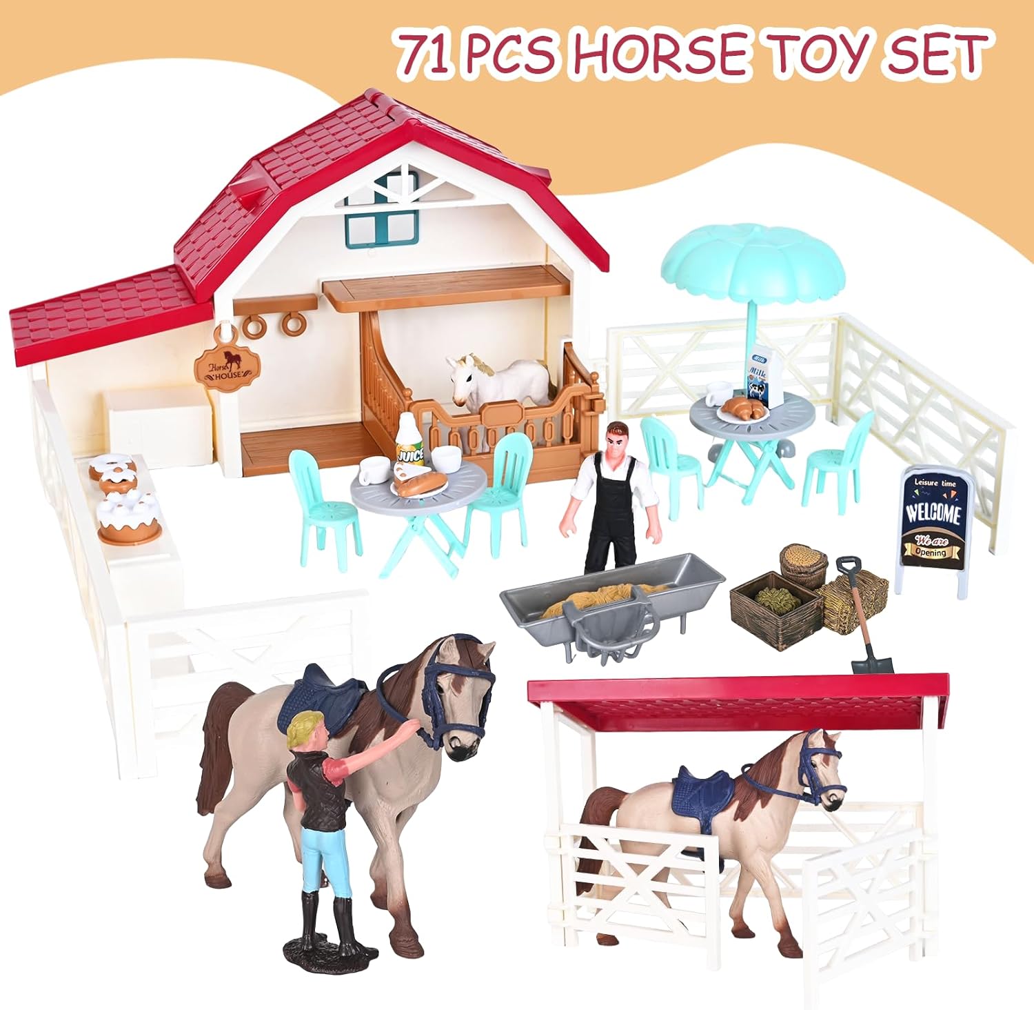 Peagprav Horse Club Riding Arena 71-Piece, Horse Stable Toys Playset, Farmmer Figures,Farm Animal Figurine, Coffee Shop, Barn with Fence Toys for 3-7 Years Old Kids Boys Girls Toddlers