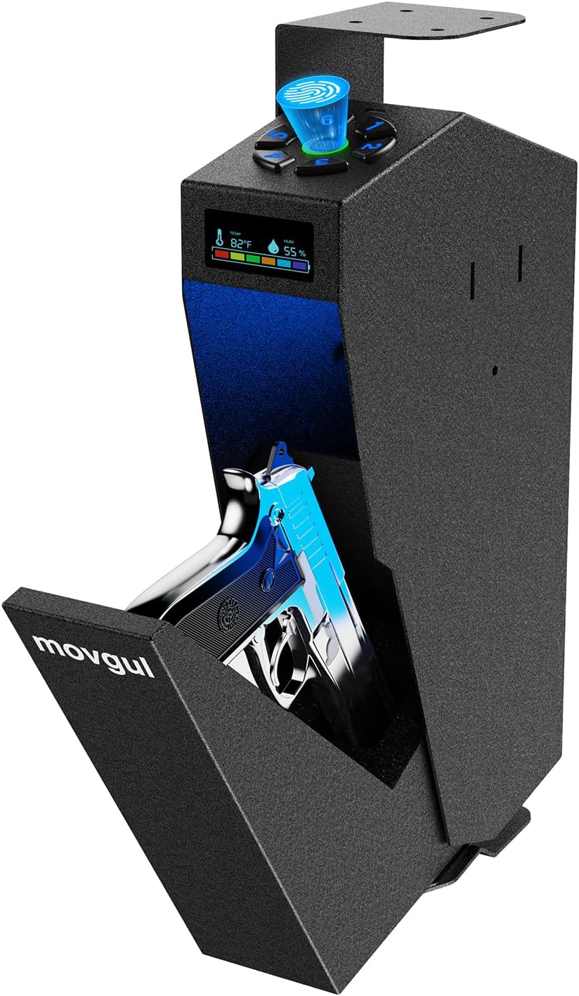 Gun Safe, Biometric Drop Down Bedside Gun Safe Quick Access Handgun Safe Mount Pistol Safe for Desk, Car, Nightstand