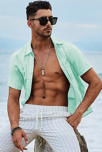 Miniatura 221 de JMIERR Camisas de vestir a rayas con botones y manga corta para hombre