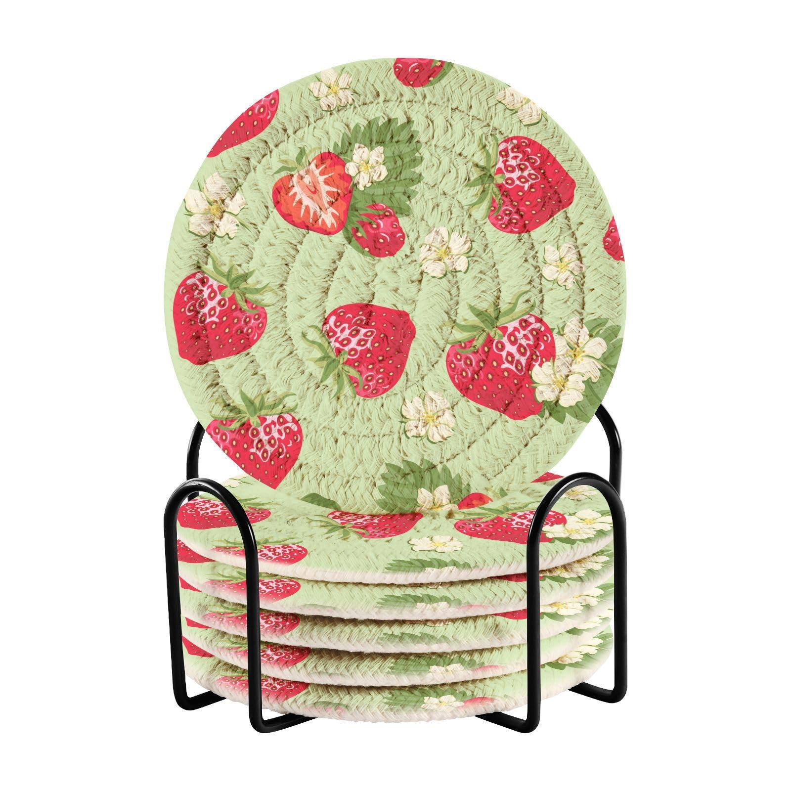 Drink Coasters Strawberry Berries Flowers Leaves Coasters Set of 6 with Holder Round Absorbent Cup Mats for Bar Coffee Tabletop Protection