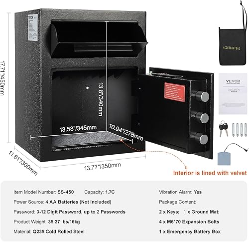 Miniatura 7 de VEVOR Caja fuerte de depósito de 1.7 Cub, con ranura para caída, bloqueo electrónico de código y 2 llaves de emergencia, 17.71 x 13.77 x 13.77