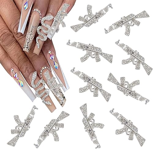 KACHIMOO Dijes de aleación para uñas, diamantes brillantes, pistola de metal 3D, dijes de pistola para uñas, diamantes de imitación para decoración