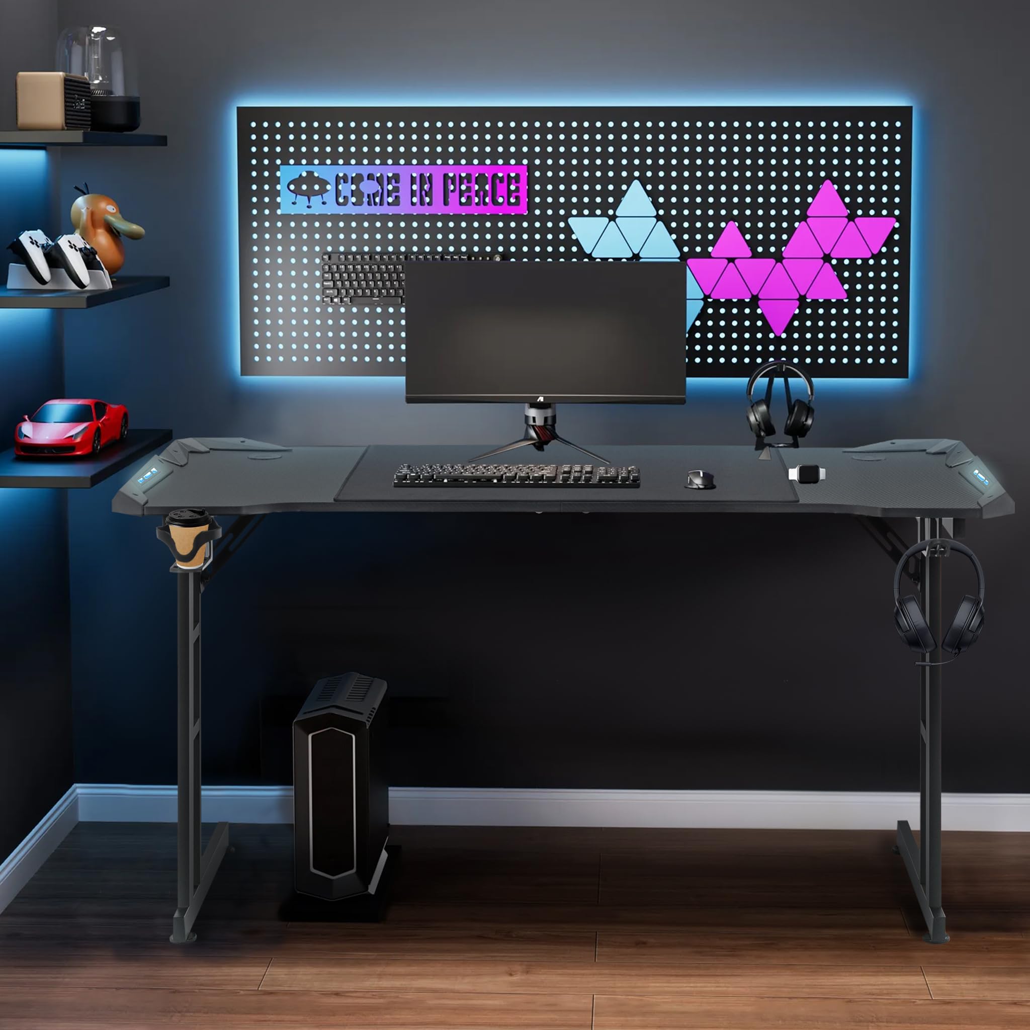 HENGMEI Gaming Schreibtisch 140x60 Cm - Flügelform, LED, Höhenverstellbare Platte, Carbon-Optik