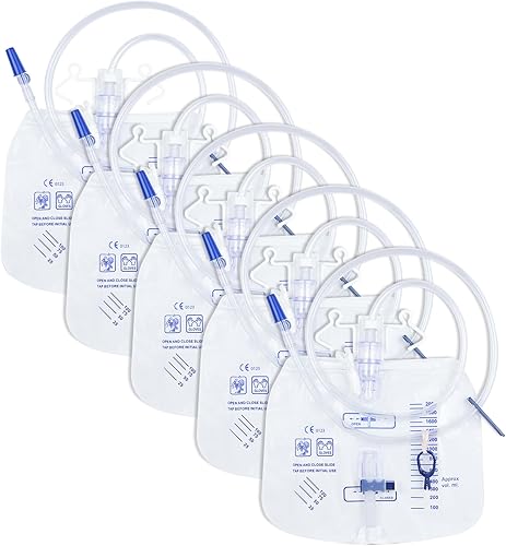 Miniatura 10 de Paquete de 5 bolsas de drenaje urinario con válvula antirreflujo, bolsa de orina de catéter con volumen de 67.6 fl oz, tubo de drenaje de 48