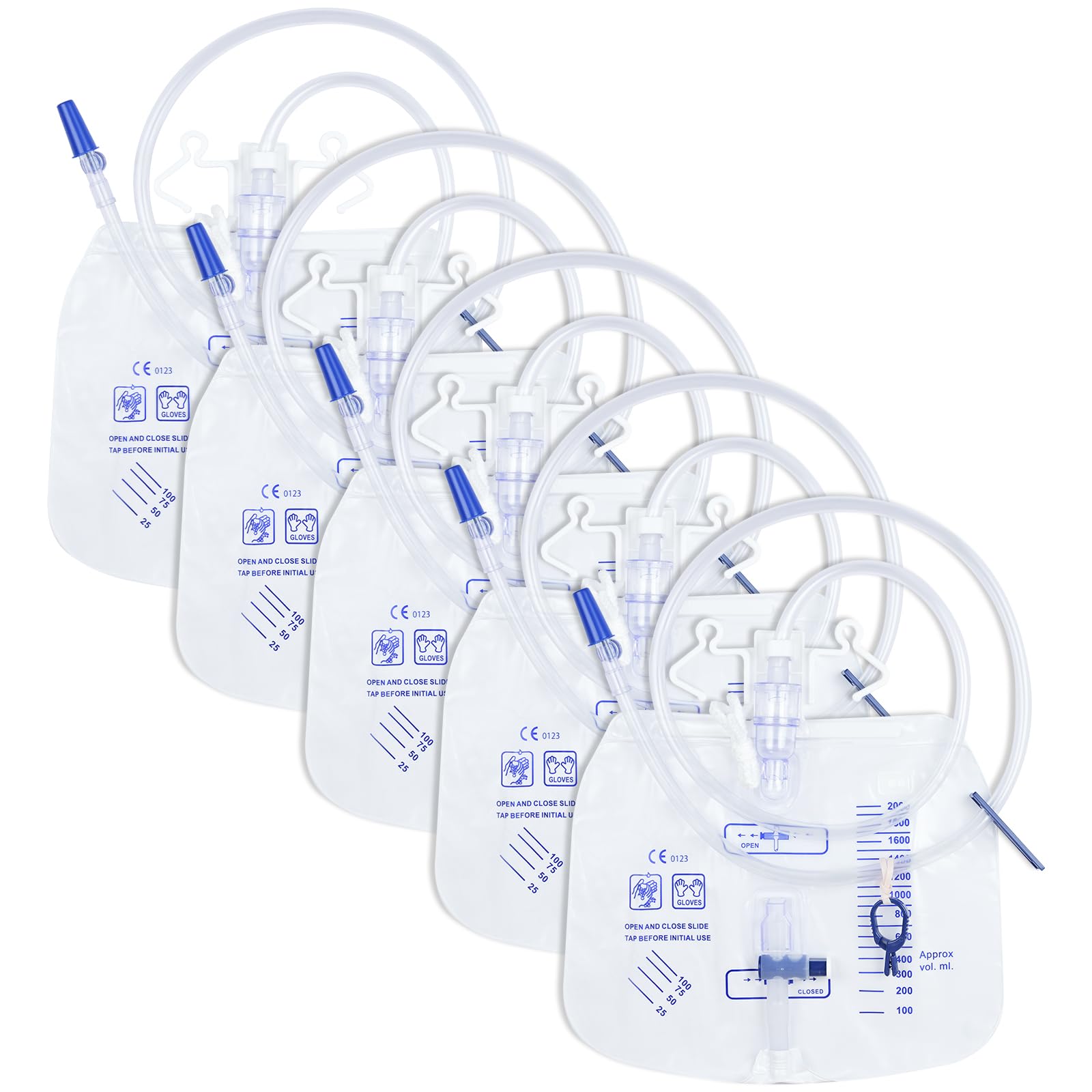 5 Pack 2000mL Catheter Bags for Men and Women，Professional Urinary Drainage Bag with Anti-Reflux Chamber，Urine Bag with 48” Thickened Drainage Tube, Adjustable Clips & Hanging Hook for Home