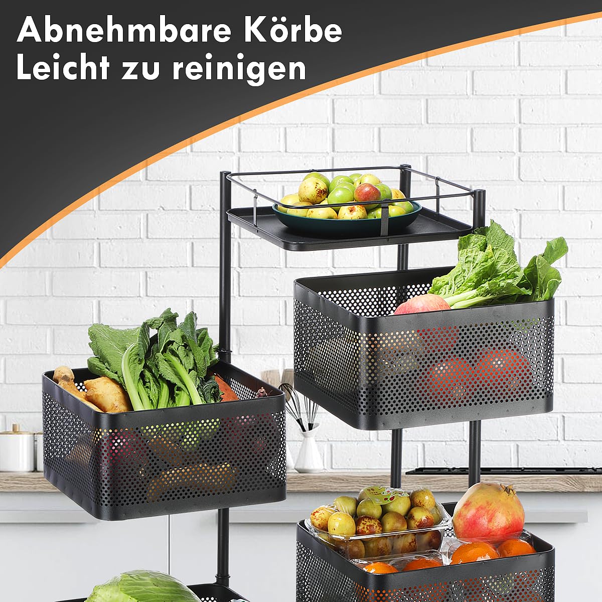 Gemüseregal Küchenwagen Universall multifunktionales Regal Küchen rollwagen Obstkorb Aufbewahrungsbehälter Obstwagen mit Rollen Küchenregal Organizer für Küche, Badezimmer und Büro Schwarz 5 Fächer