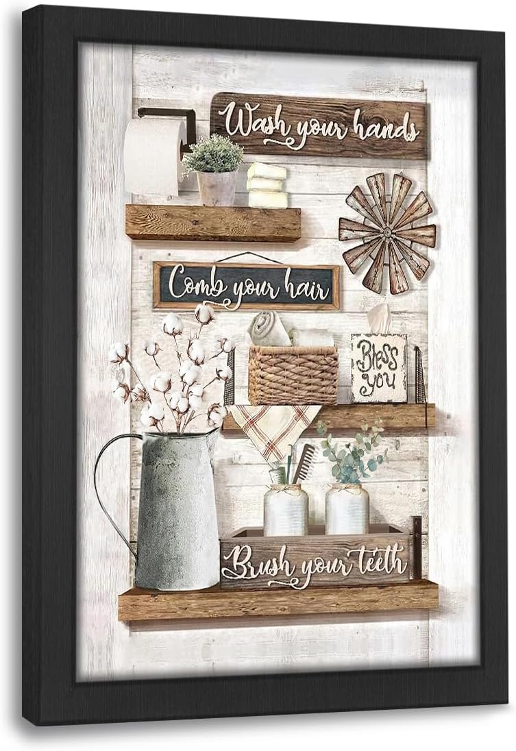 Beynepe Rustic Canvas Bathroom Art Print Farmhouse Bathroom Decor 16"X24" Framed Wall Art