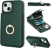 Vista 15 de Folosu Compatible con iPhone 13 Funda cartera con tarjetero con rotación de 360°, soporte de anillo de dedo con función atril, bloqueo RFID, piel