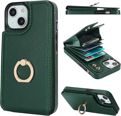Miniatura 15 de Folosu Compatible con iPhone 13 Funda cartera con tarjetero con rotación de 360°, soporte de anillo de dedo con función atril, bloqueo RFID, piel
